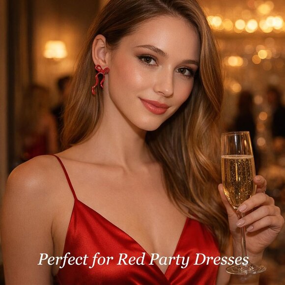 Red Bow Earrings Red Dresses for Women Party Bow Statement Jewelry for Dress Shi - Picture 2 of 8